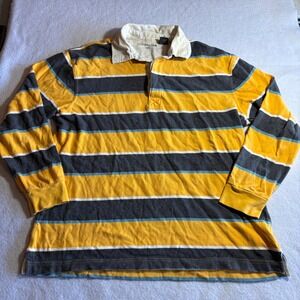 ST JOHNS BAY Mens Rugby Shirt Yellow Grey Stripe Long Sleeve Cotton Size M